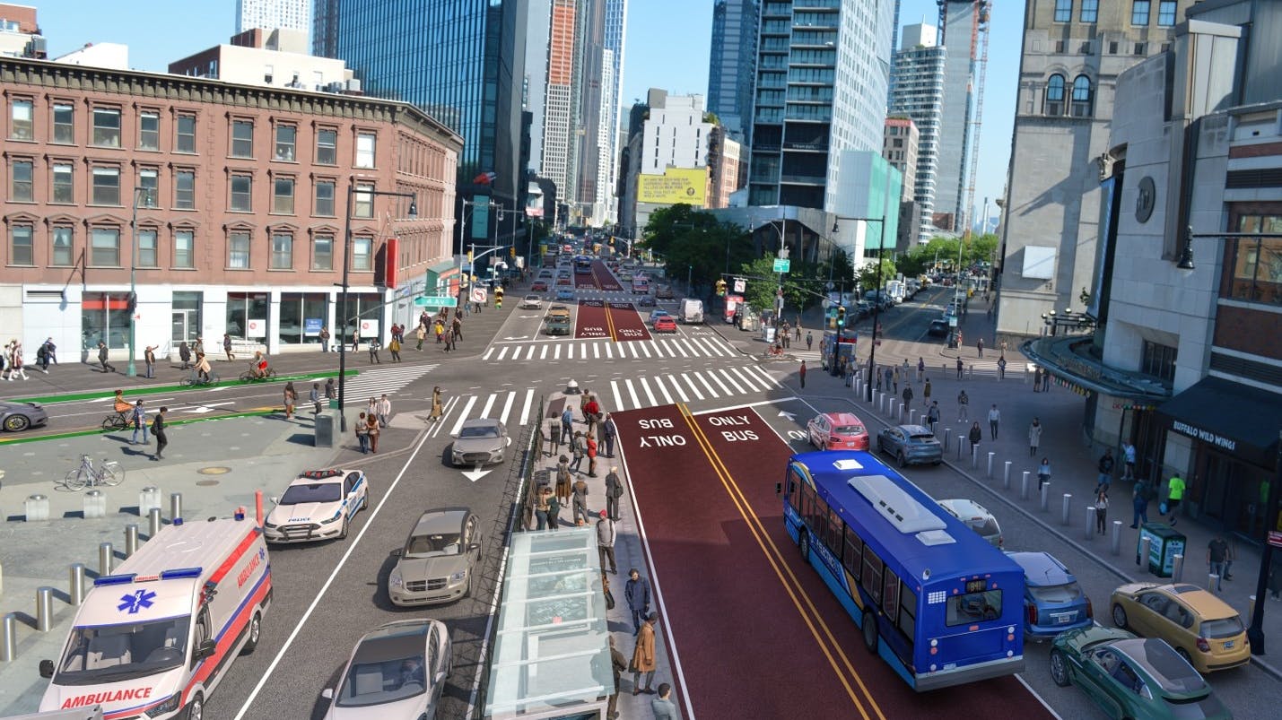 A rendering of a redesigned Flatbush Avenue and Fourth Avenue, in Brooklyn, N.Y., with center-running bus lanes and a concrete bus boarding island.
