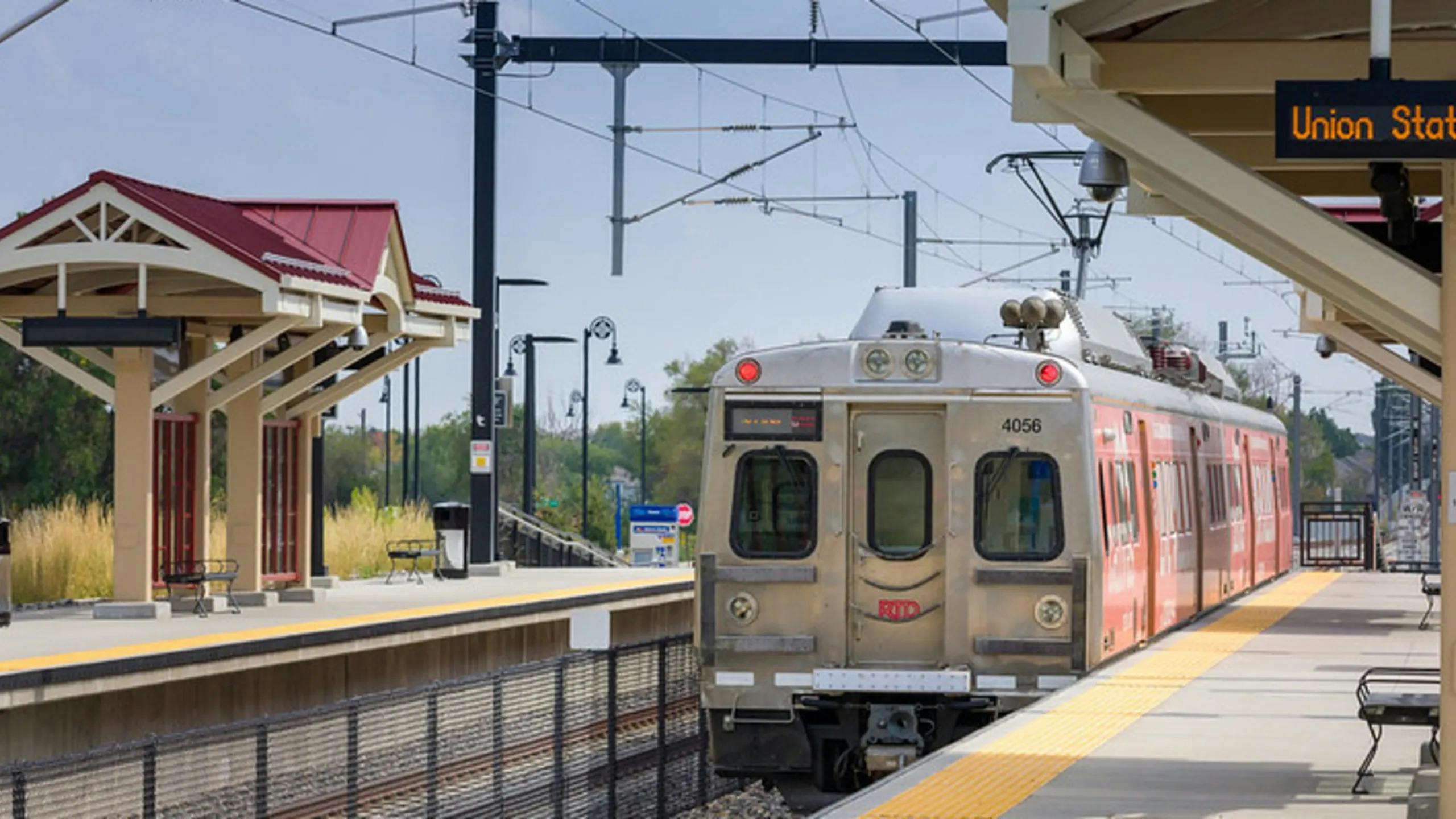 A Denver Regional Transportation District train leaving Denver Union Station.