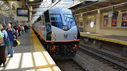 NJ Transit locomotive Alstom PL42AC at Newark Penn Station in New Jersey. NJ Transit locomotive Alstom PL42AC at Newark Penn Station in New Jersey.