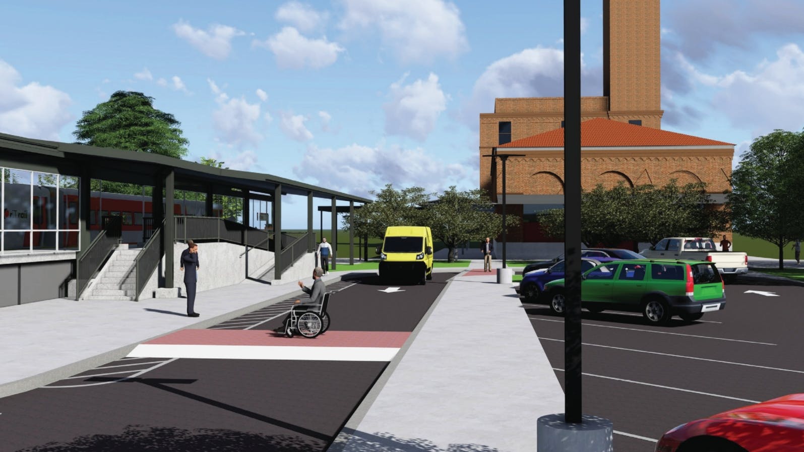 The image is a rendering of what the station exterior will look like, including accessibility upgrades.