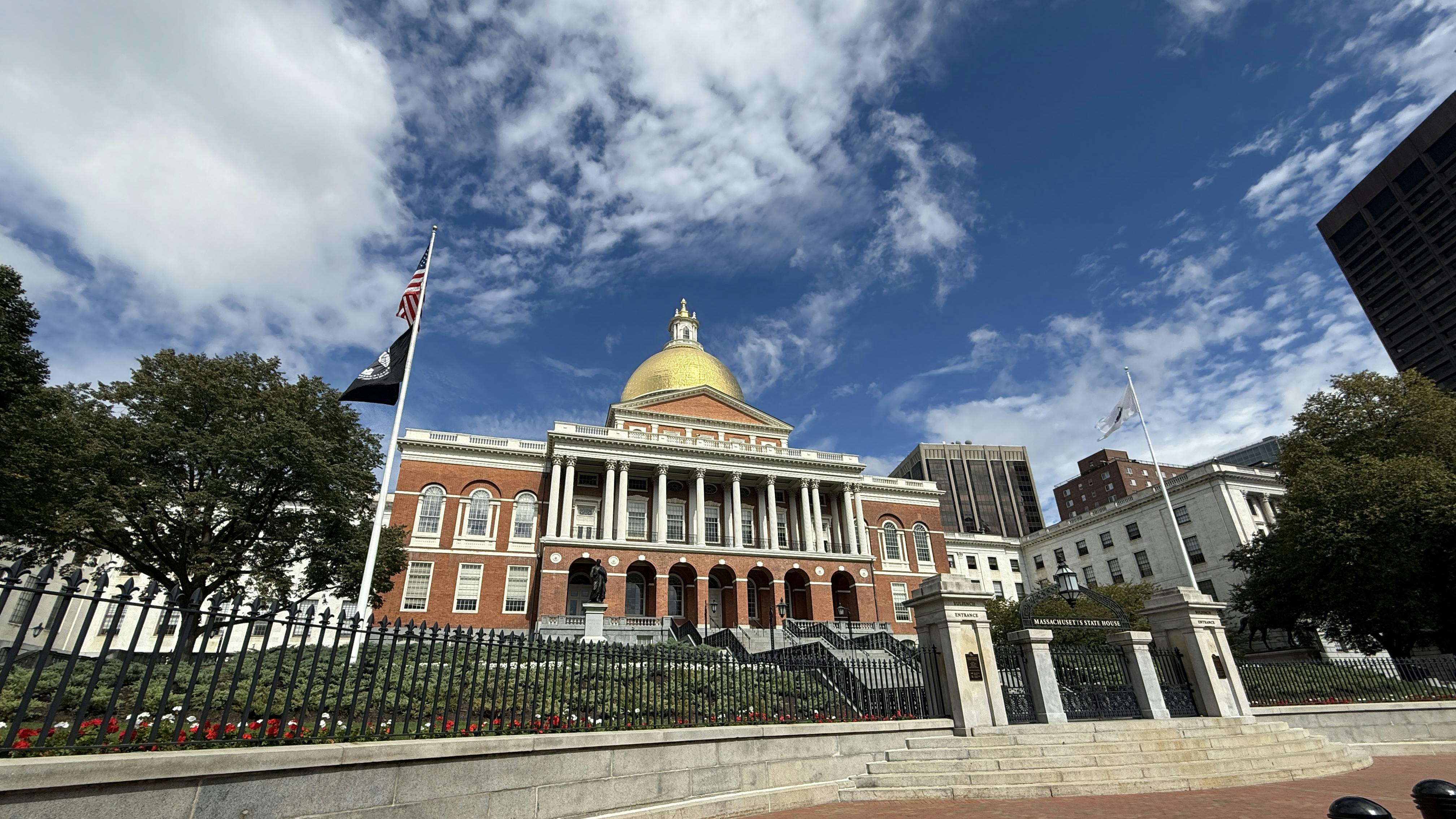 A wide shot of the Massachusetts State House.
