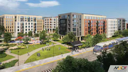 The image displays a rendering of the transit-oriented development. The image displays a rendering of the transit-oriented development.