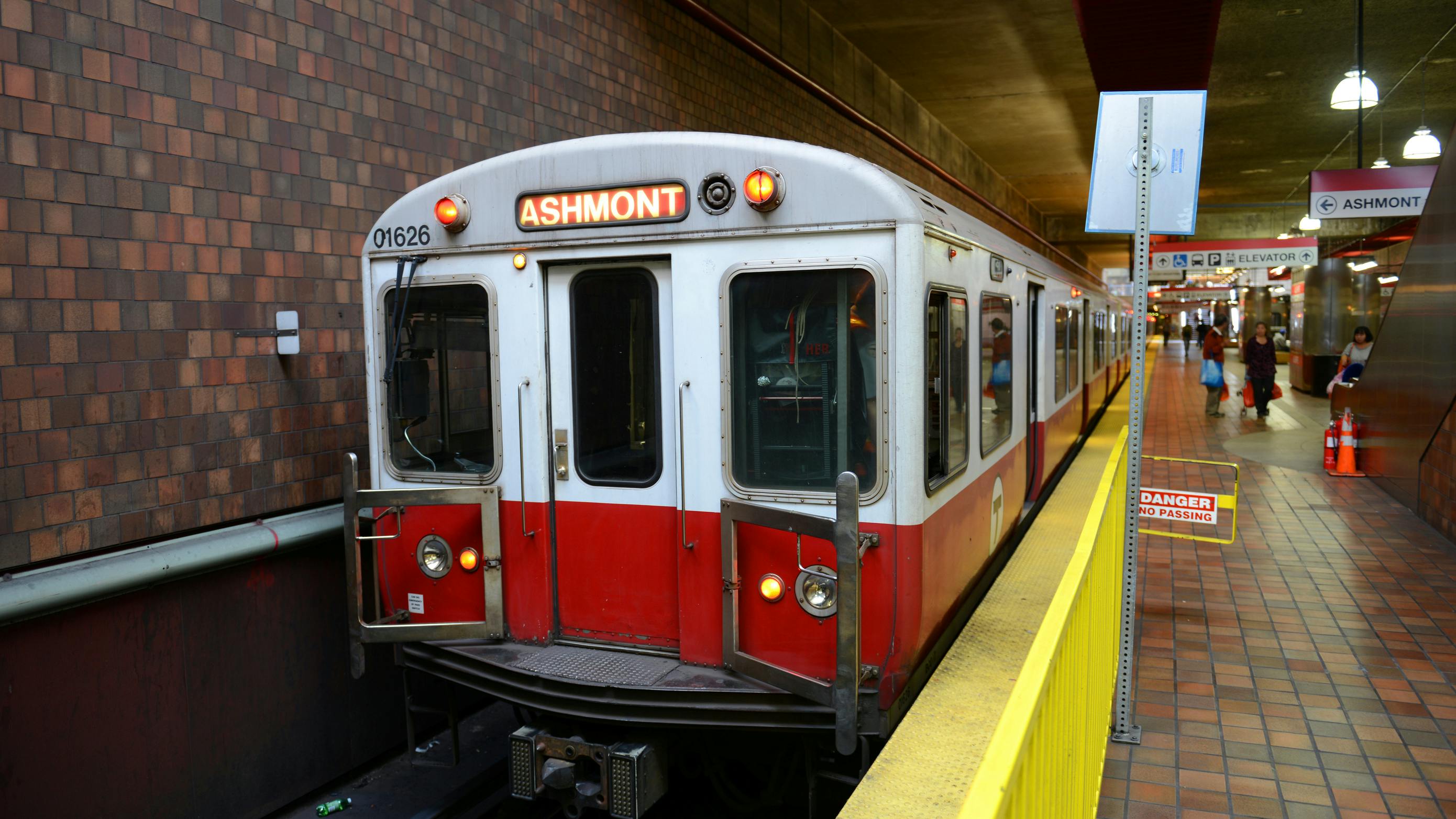 A Massachusetts Bay Transportation Authority Red Line train stops at Alewife Station in Cambridge, Massachusetts.