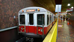 A Massachusetts Bay Transportation Authority Red Line train stops at Alewife Station in Cambridge, Massachusetts. A Massachusetts Bay Transportation Authority Red Line train stops at Alewife Station in Cambridge, Massachusetts.