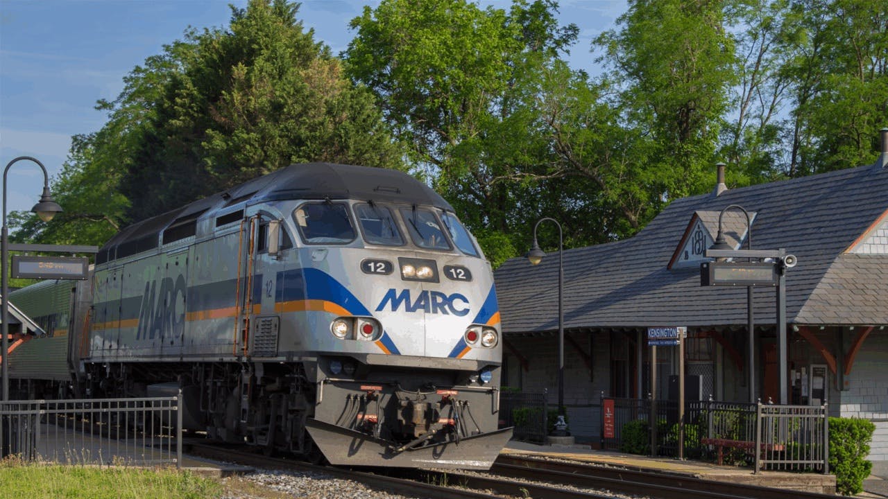 A MARC train moves down the track.