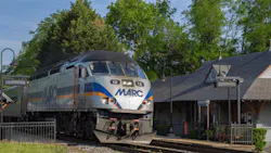 A MARC train moves down the track. A MARC train moves down the track.