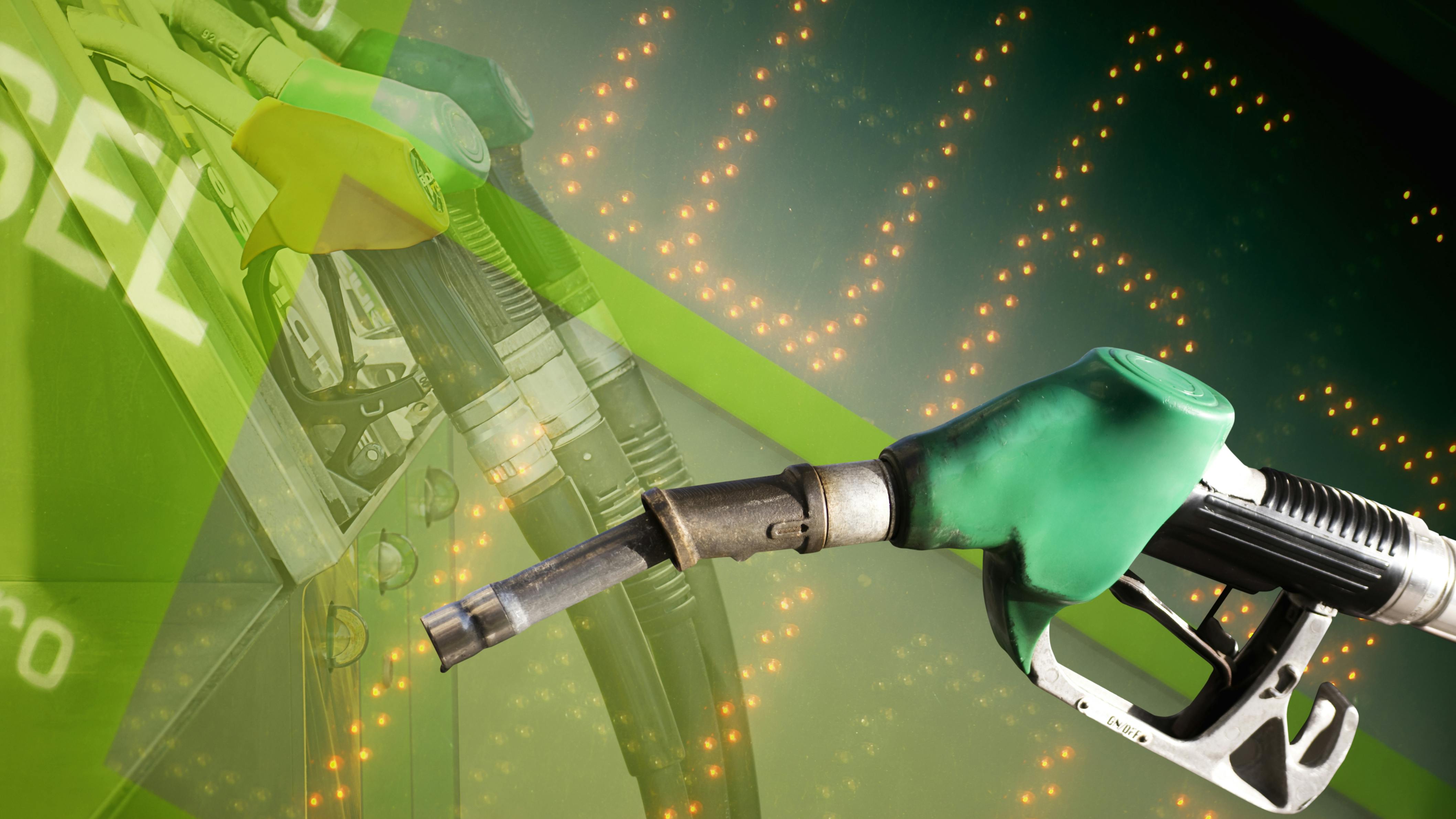 The image shows a graphic of a gas pump overlaid on top of a price board.