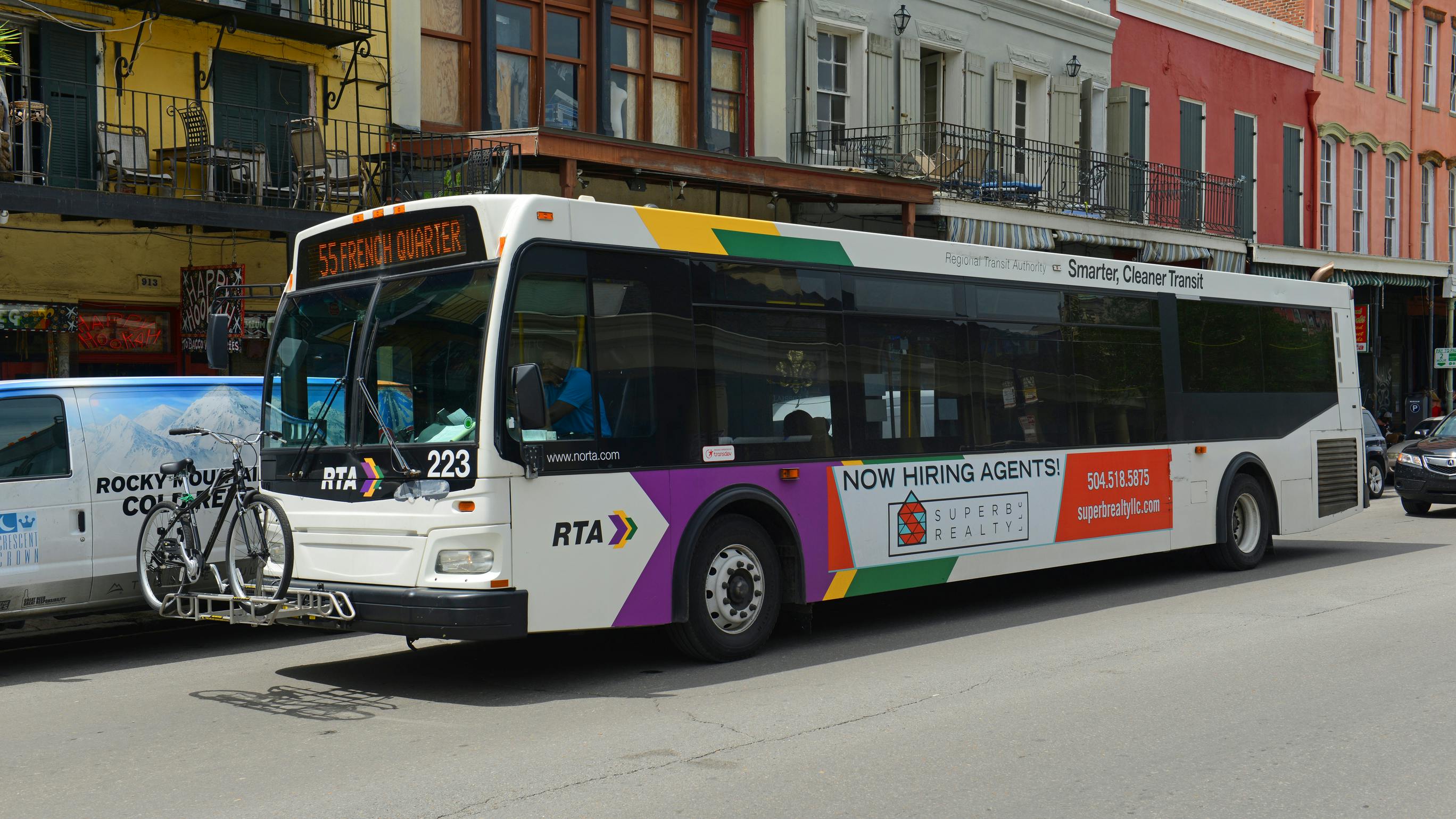 A New Orleans Regional Transit Authority bus on Decatur Street in French Quarter.
