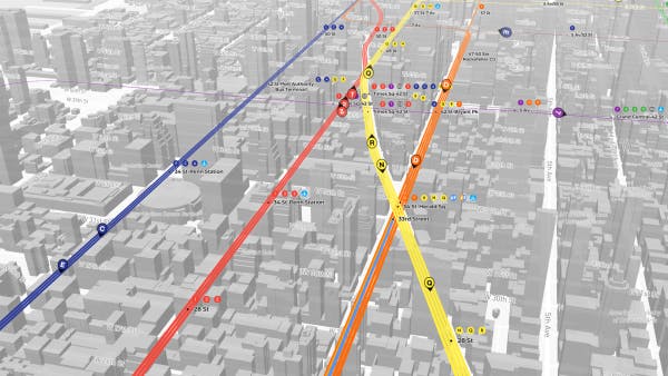 The image shows a map of subways lines overlaid on a whited-out city map.