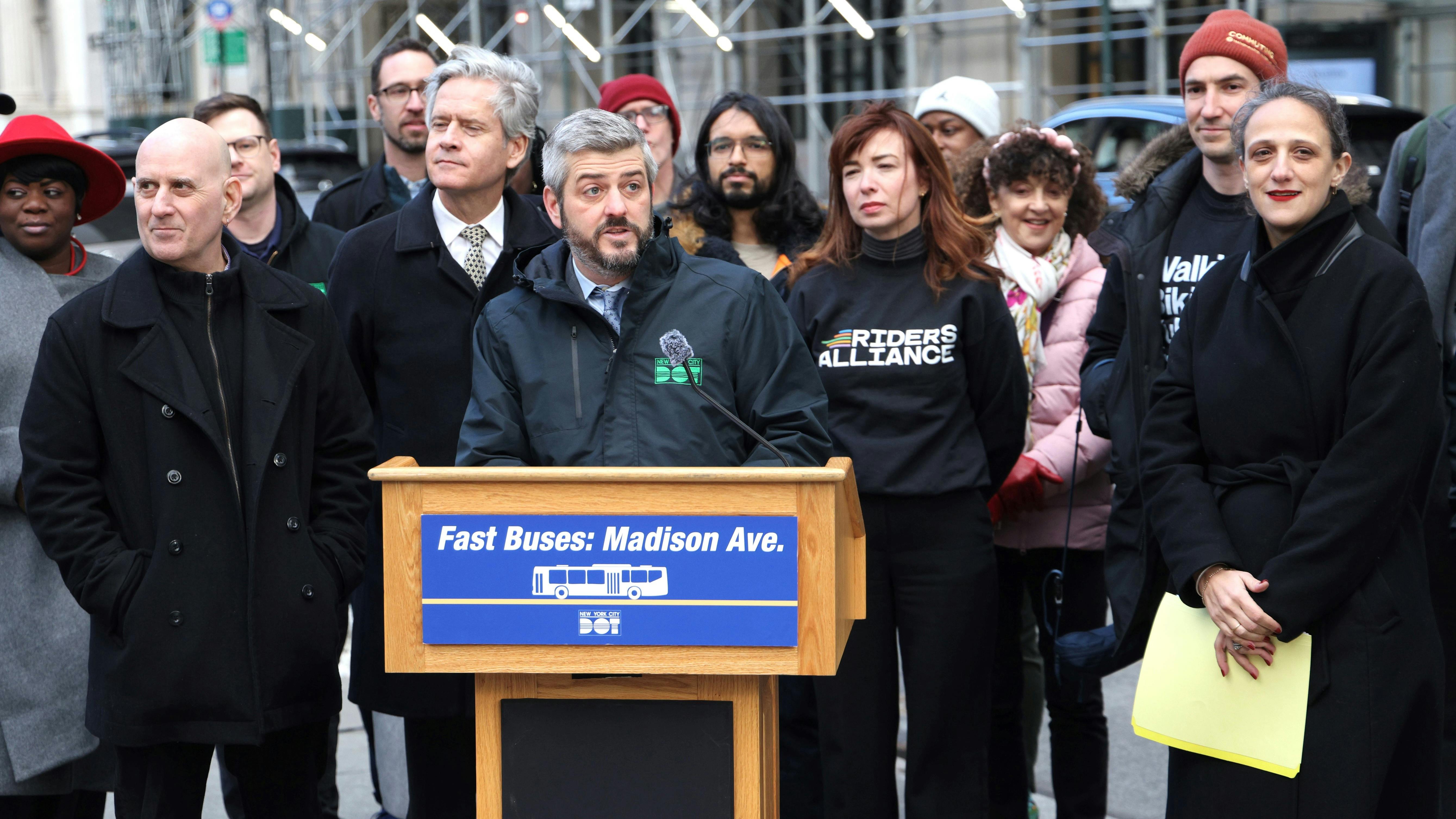 NYCDOT and city officials gather outside on Madison Ave. to launch the restart of the program.