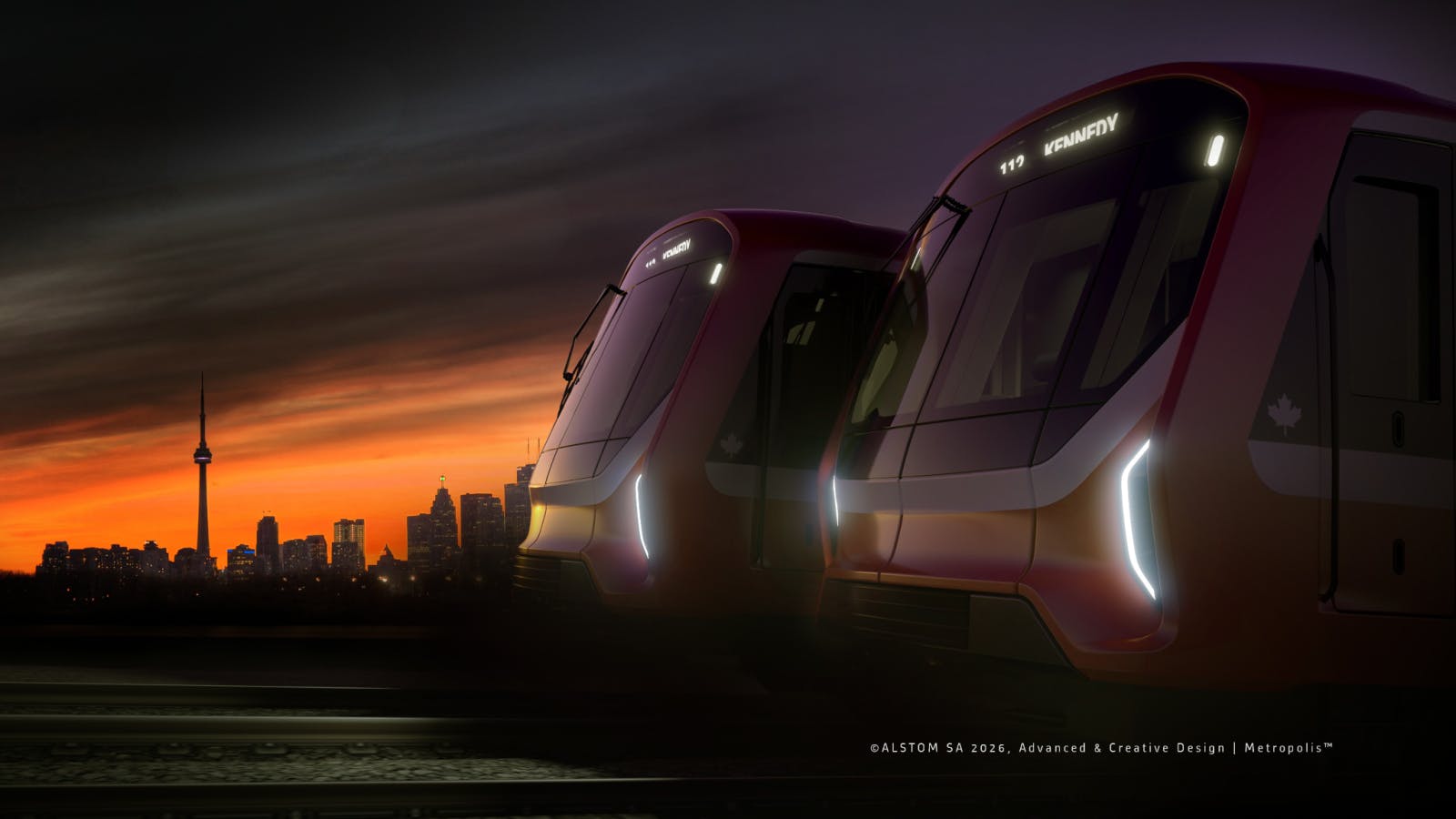 The image shows a rendering of the new Alstom train sets.