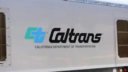 The Caltrans logo is shown on the side of a transit vehicle. The Caltrans logo is shown on the side of a transit vehicle.