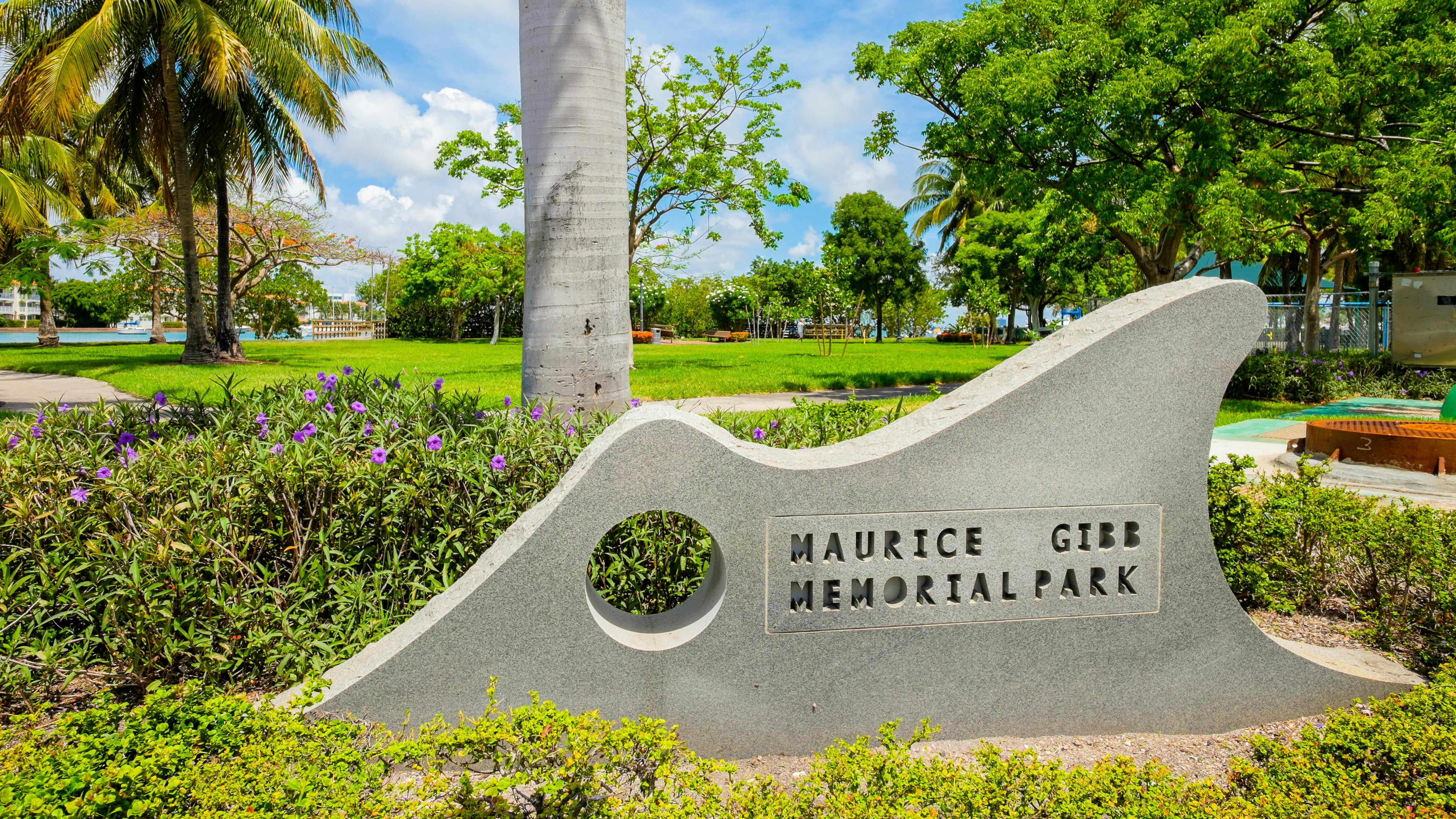 The image shows the sign of the Maurice Gibb Memorial Park, the terminal on the Miami Beach side of the water.