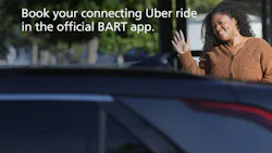 A passenger waves at her ridershare driver as she approaches the car. The image reads 'Book your connecting Uber ride in the official BART app.' A passenger waves at her ridershare driver as she approaches the car. The image reads 'Book your connecting Uber ride in the official BART app.'