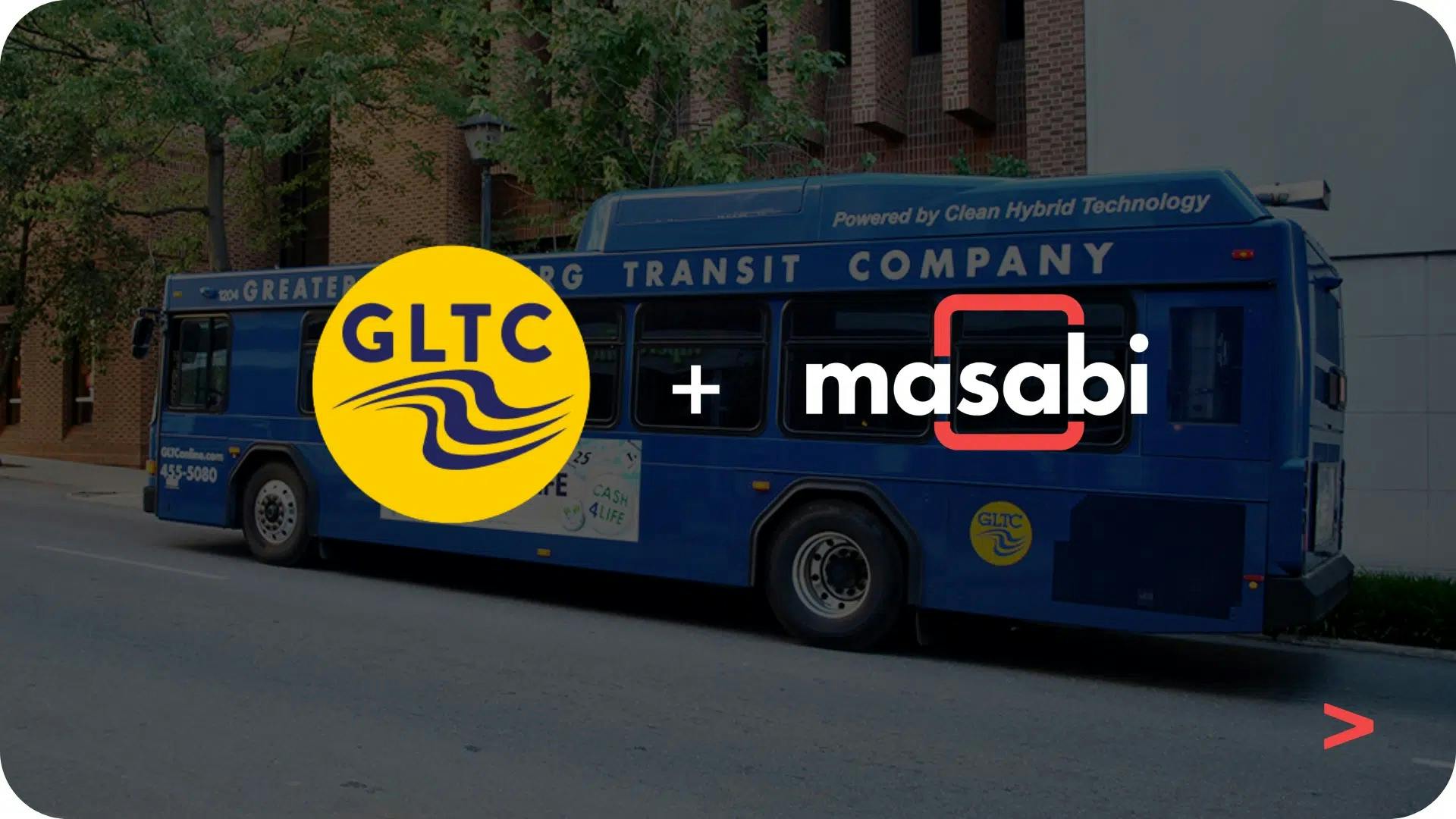 The image shows GLTC and Masabi's logos overlaid on a GLTC bus.