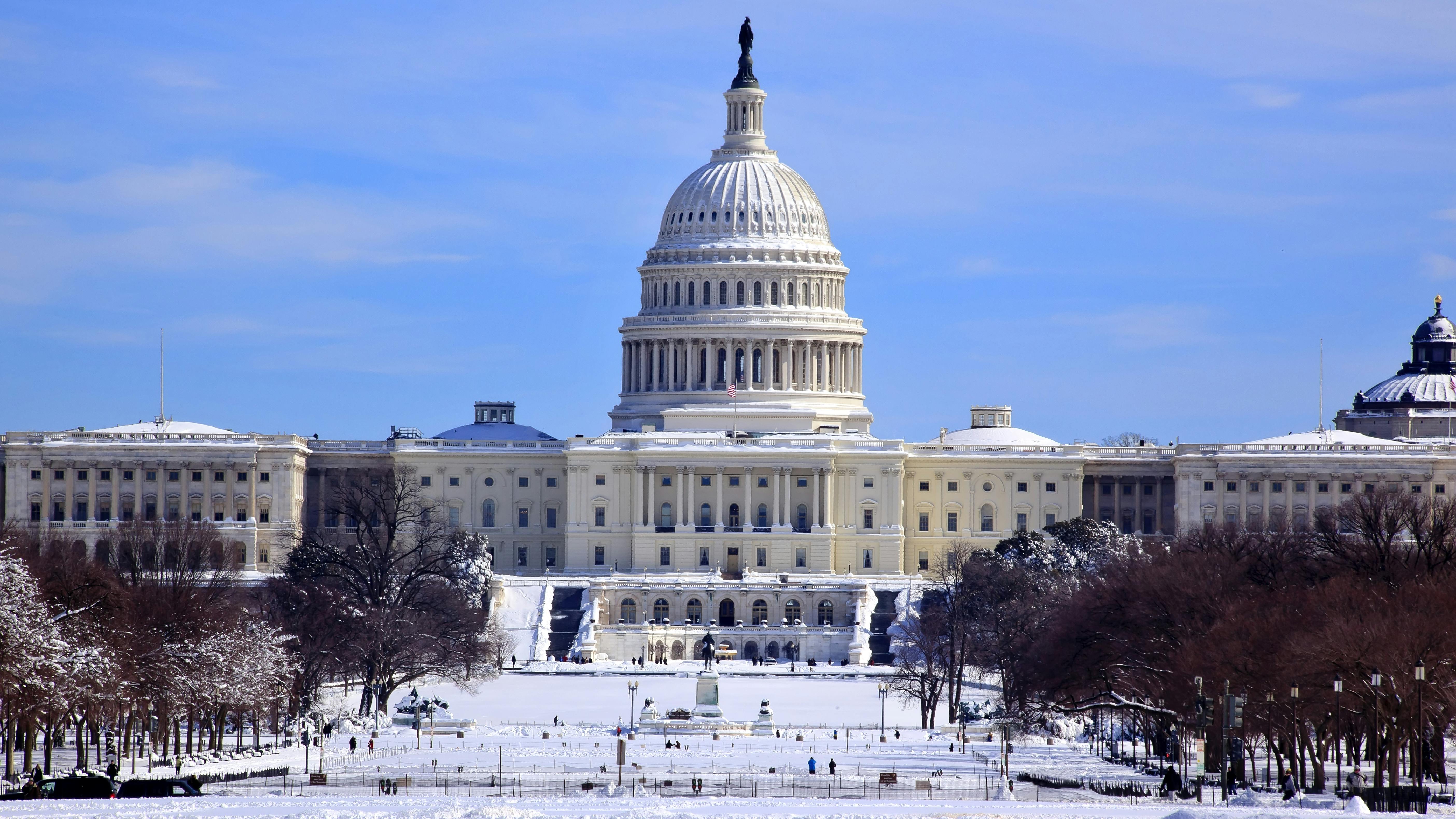 The image shows the U.S. Capitol covered in snow.