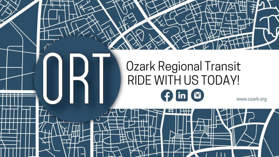 The image shows the Ozark ORT logo overlaid on a city map of the area.