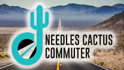 The image shows the Needles Cactus Commuter program logo overlaid on an image of the desert. The image shows the Needles Cactus Commuter program logo overlaid on an image of the desert.