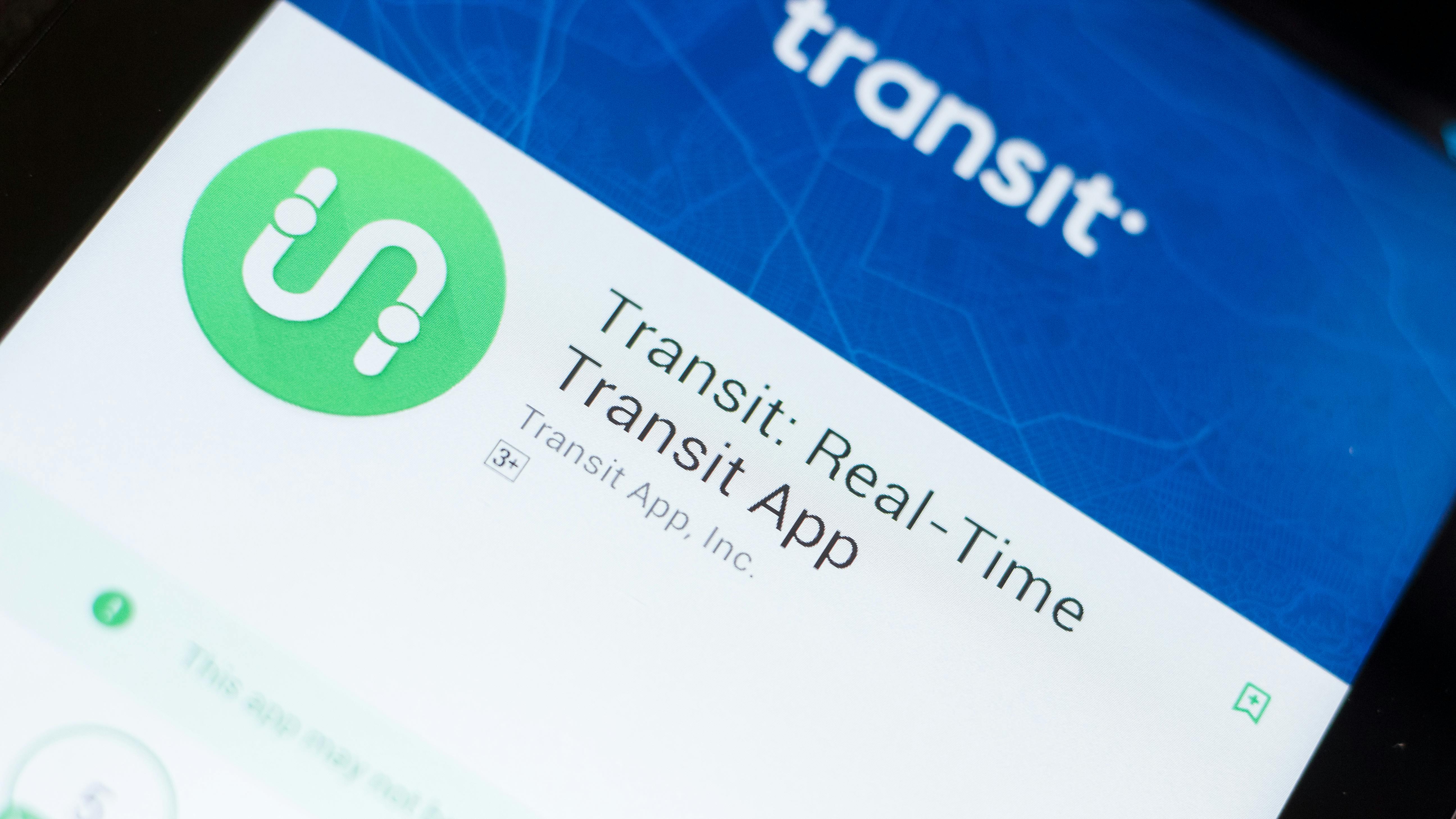 The image displays a close up of the Transit App listing on the Google Play Store.