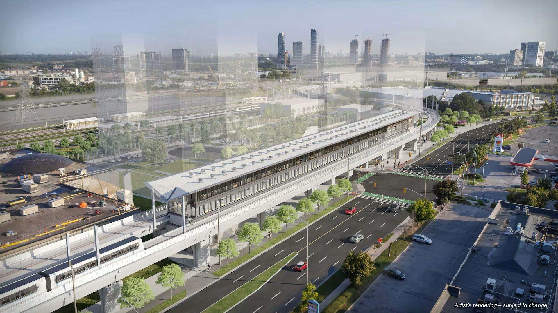 An aerial view of Thorncliffe Park Station and elevated guideway, looking east along Overlea Boulevard.