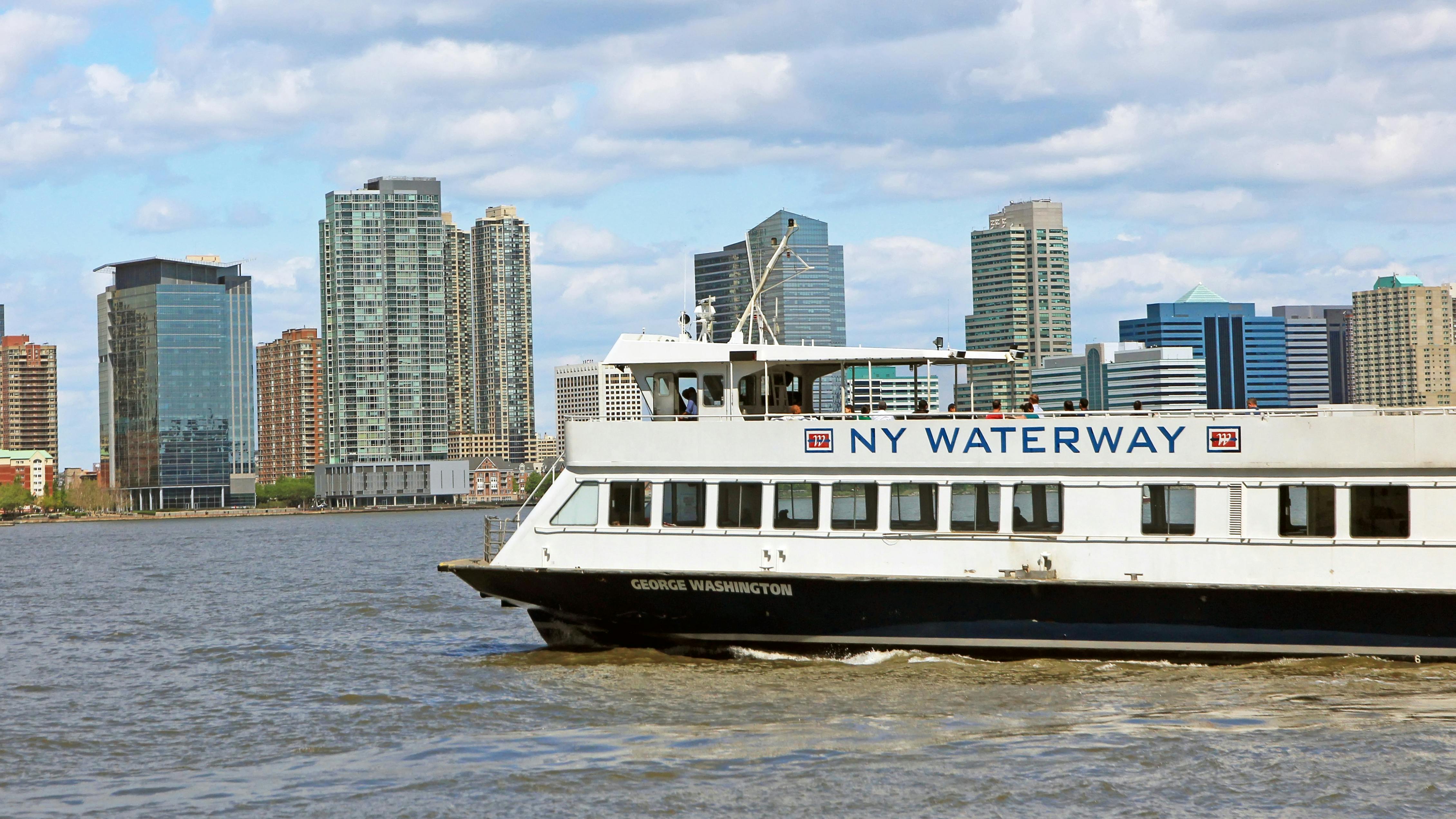 A NY Waterway ferry moves through the water.