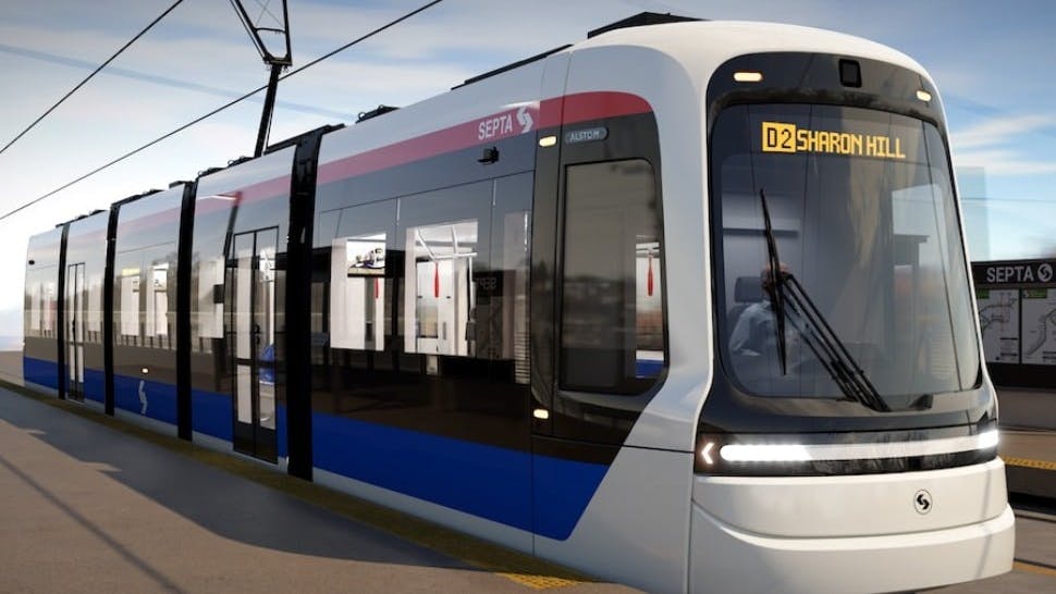 The image shows a render of the new SEPTA trolly design that will run on the line.