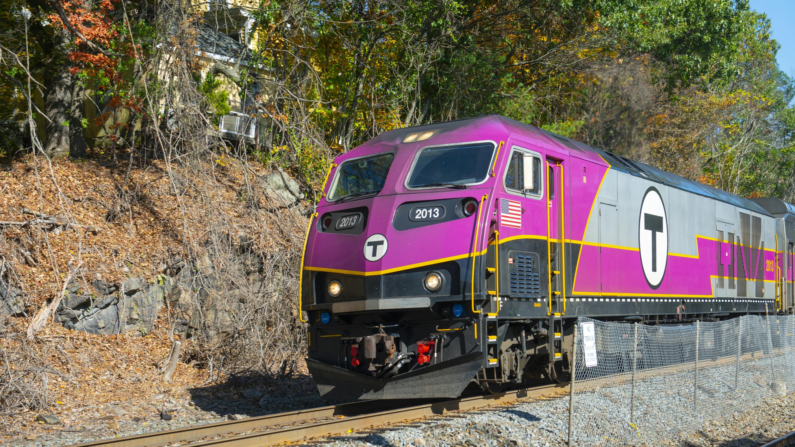 A Massachusetts Bay Transportation Authority locomotive in Wellesley, Mass.
