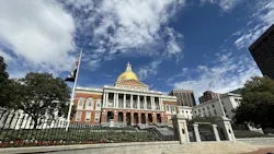 The image shows a wide angle shot of the Massachusetts State House The image shows a wide angle shot of the Massachusetts State House