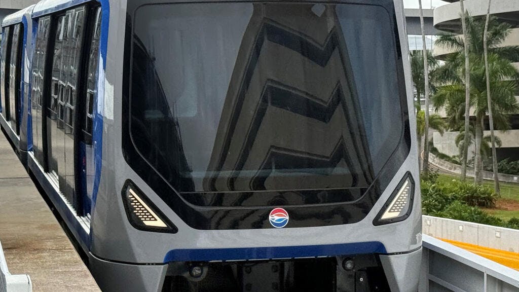 The image shows the front of one of the new Alstom APMs being delivered to TPA.