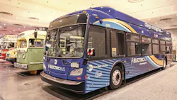 A Metropolitan Transportation Authority New Flyer Xcelsior XD60 electric bus at New York International Auto Show in a row, corner view. A Metropolitan Transportation Authority New Flyer Xcelsior XD60 electric bus at New York International Auto Show in a row, corner view.