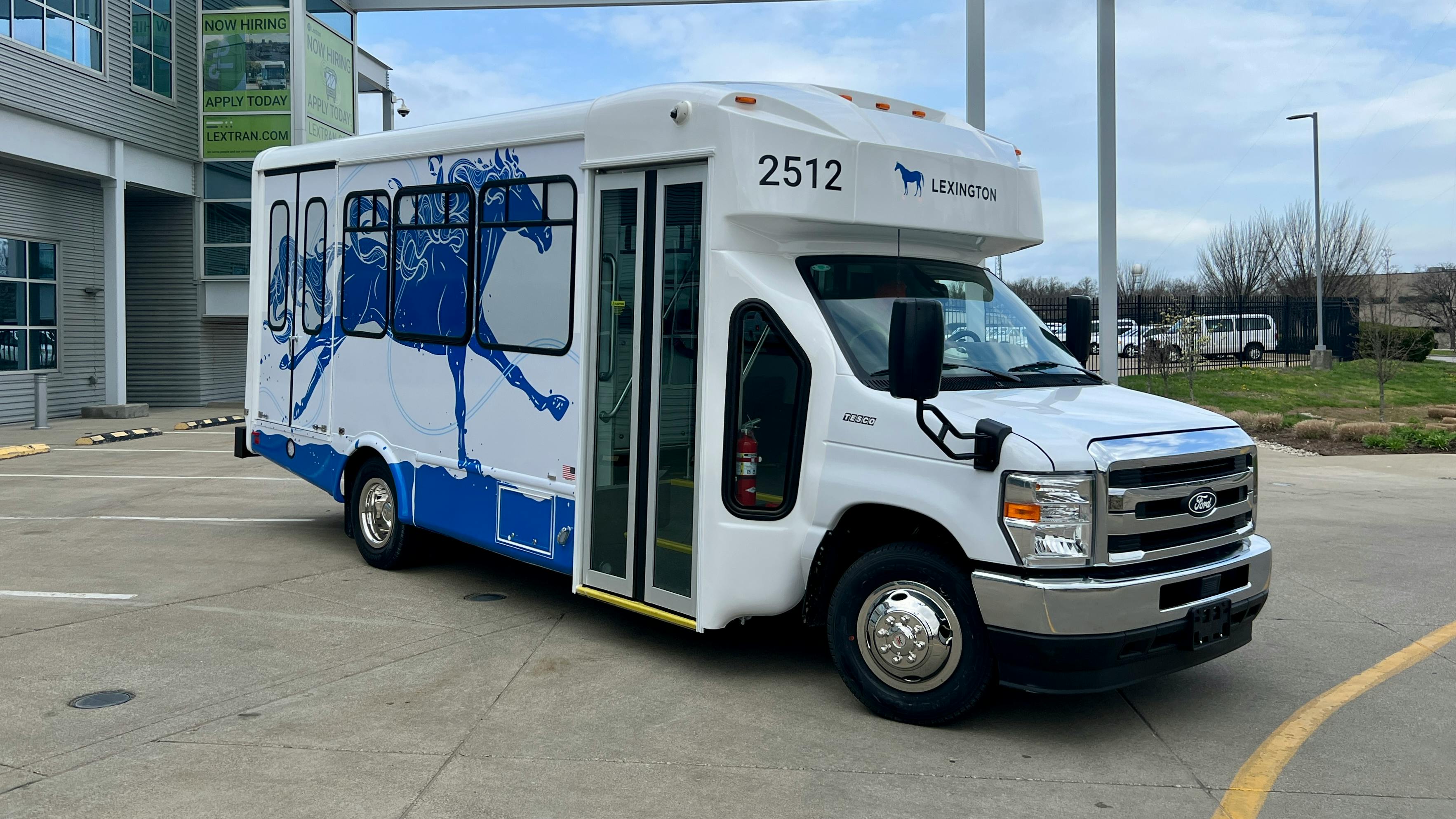 The image shows on of the new LexRide shuttle buses built on a Ford chassis.
