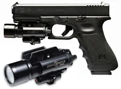 The Surefire X400 WeaponLight is mounted on a GLOCK 37. The X400 fits both Universal and Picatinny rails. The SureFire X400 WeaponLight combines a 110-lumen output LED for white light illumination with a 5-mW, 635-nm laser aimer in an ultra-compact unit. The Surefire X400 WeaponLight is mounted on a GLOCK 37. The X400 fits both Universal and Picatinny rails. The SureFire X400 WeaponLight combines a 110-lumen output LED for white light illumination with a 5-mW, 635-nm laser aimer in an ultra-compact unit.