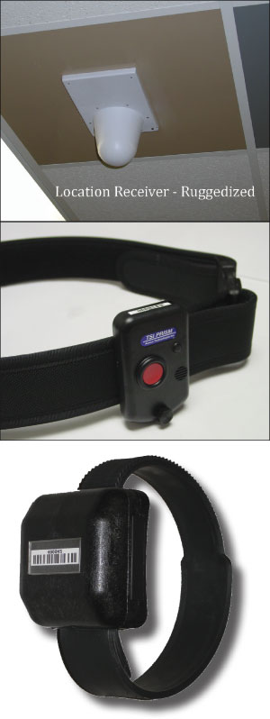 The three components of the Alanco TSI Prism system include an inmate-worn and an officer-worn transmitter and the location receivers positioned throughout a building. Each transmitter sends out a unique RFID code every 2 seconds, which are then collected by the array of receiving antennas throughout the prison facilities.