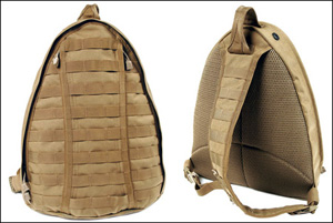 Seen from front and back, the pack's features of MOLLE webbing and an either/or shoulder strap can be seen.