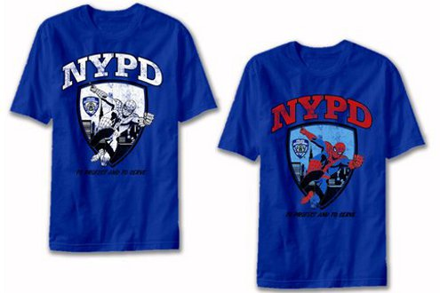 In Comic character Spider-Man and the NYPD insignia are shown on Marvel merchandise T-shirts.