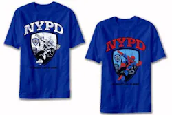 In Comic character Spider-Man and the NYPD insignia are shown on Marvel merchandise T-shirts. In Comic character Spider-Man and the NYPD insignia are shown on Marvel merchandise T-shirts.