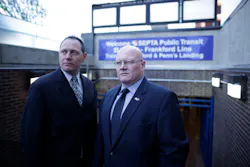 SEPTA Officer Michael Sylvester and FBI Agent Joe Metzinger stand at a subway entrance in Philadelphia. SEPTA Officer Michael Sylvester and FBI Agent Joe Metzinger stand at a subway entrance in Philadelphia.