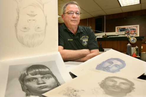 Philadelphia Police Forensic Illustrator Roderick Scratchard is shown through a series of images.