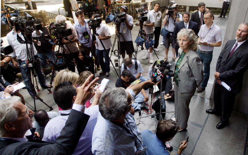 Los Angeles District Attorney spokeswoman Sandi Gibbons talks to reporters.