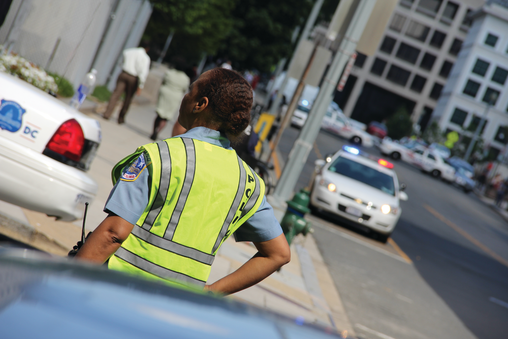 This shot was captured in Washington, D.C., while Metro PD officers secured the area around the Newseum building where President Obama took part in a town hall meeting on the economy.