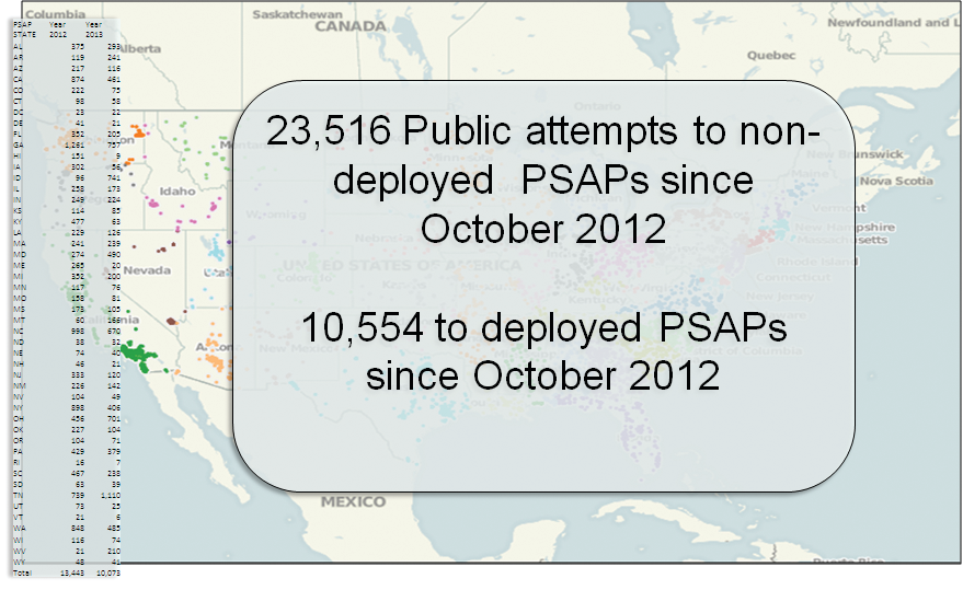Map of Attempted Text to 911 Messages in United States: October 2012 to February 2013