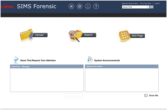 After logging in, and recording a purpose for access, the user sees a simple interface for uploading, searching previously uploaded files or creating a grid view of all or part of the images/content in a catalog. SIMS uses single signon protocols from Active Directory or LDAP so that if an officer is logged into their system, they are also logged in to SIMS without having to type a username and password again.