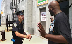 NYPD Det. Anthony Mannuzza, left, and Police Officer Robert Martin, right, simulate a street stop during a training session at a training facility. NYPD Det. Anthony Mannuzza, left, and Police Officer Robert Martin, right, simulate a street stop during a training session at a training facility.