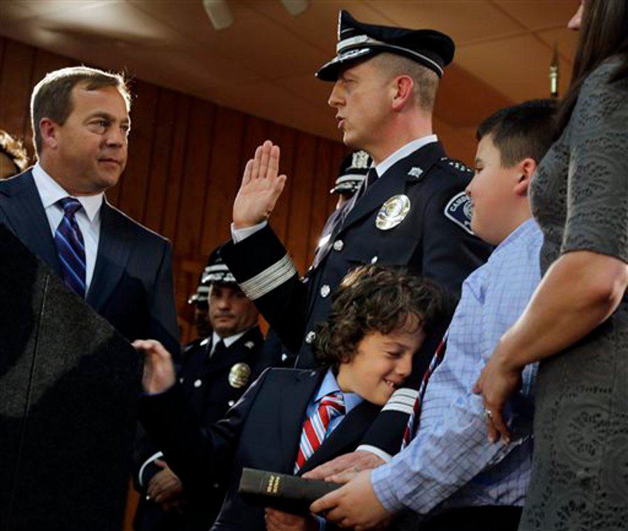 Scott Thomson is sworn-in as the chief of the new Camden County police department on May 1 in Camden, N.J.