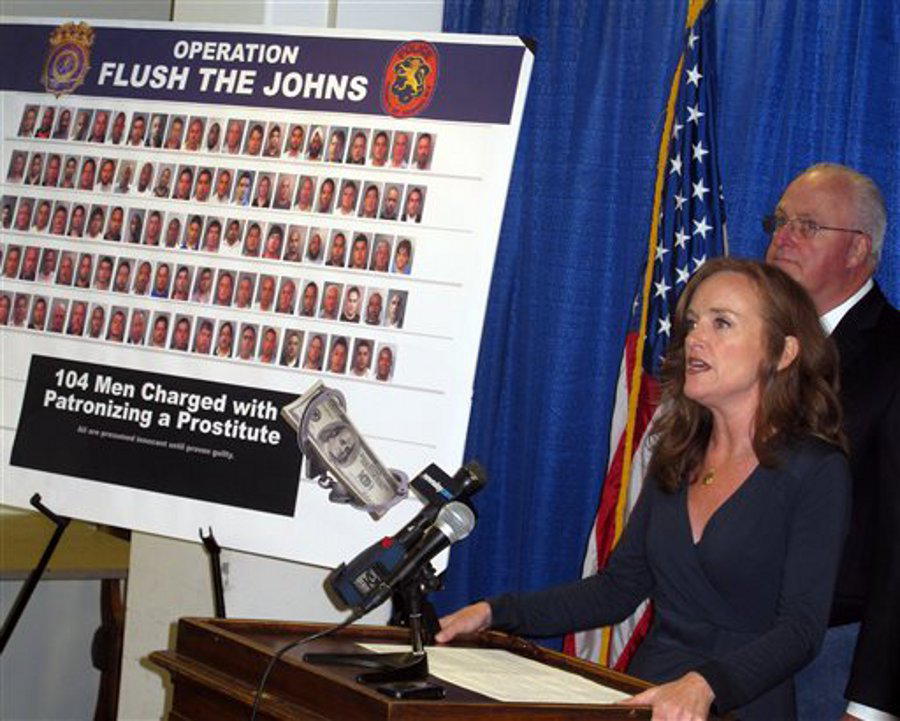Nassau County District Attorney Kathleen Rice announces the arrest of 104 men on charges of soliciting a prostitute at a news conference on June 3 Mineola, N.Y.