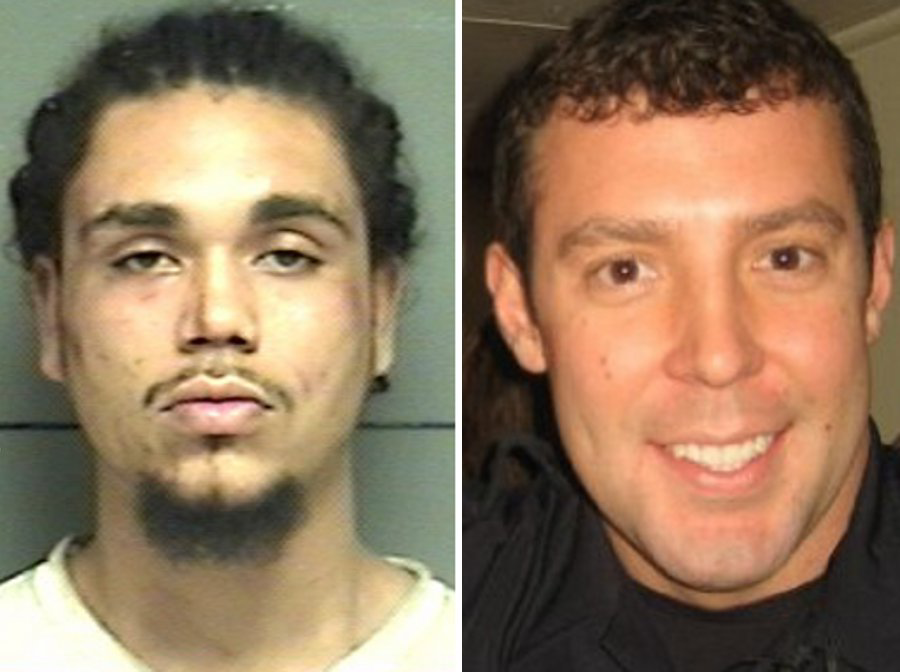 Suspect Joshua Russell, left and Anniston Officer Justin Sollohub