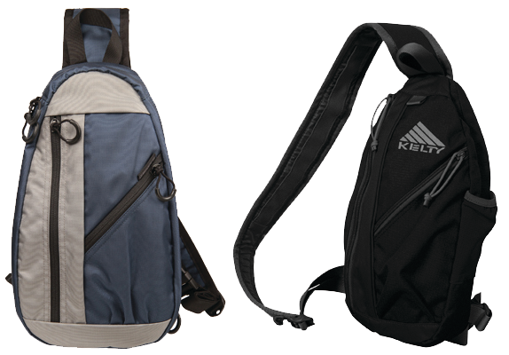 Sling packs by BLACKHAWK and Kelty.