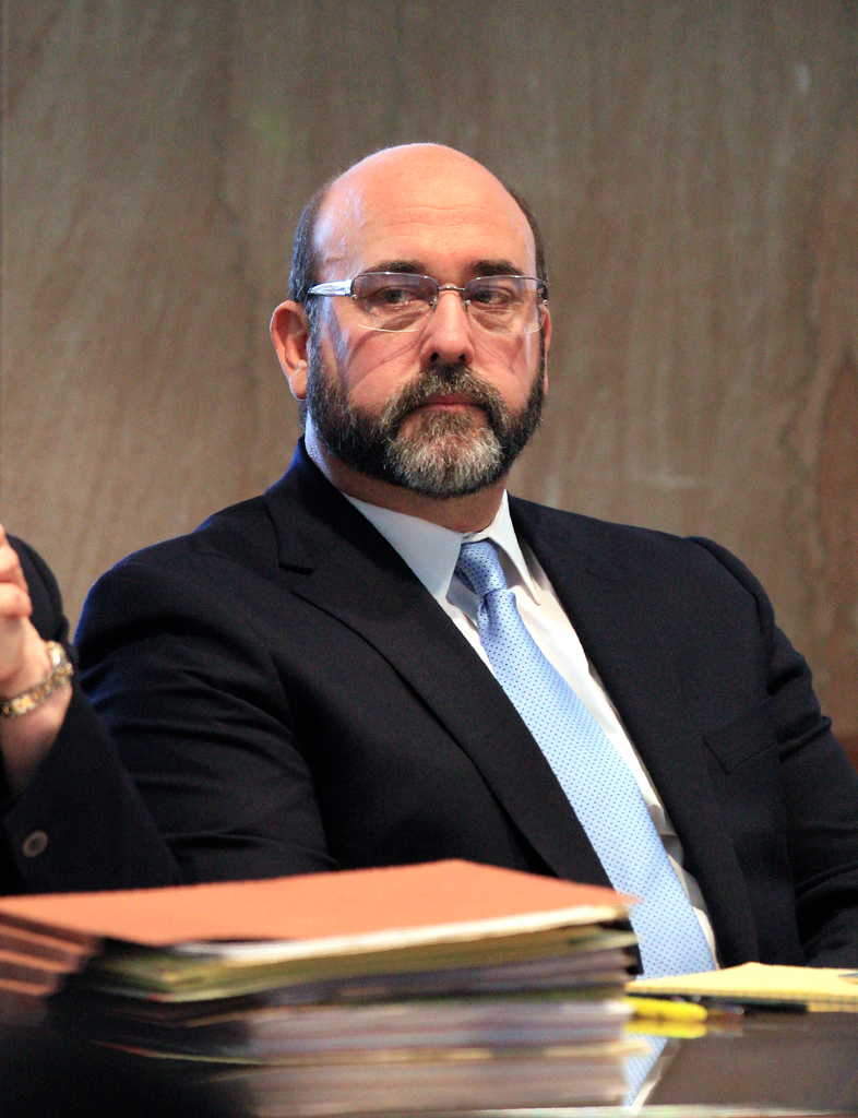 Del City Police Capt. Randy Harrison looks at the jurors box in the courtroom during his trial at the Oklahoma County Courthouse in Oklahoma City on Nov. 18.