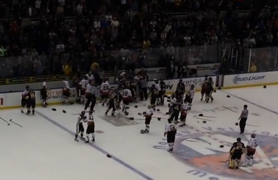 A charity hockey game between New York City police and firefighters at the Nassau Coliseum erupted into a brawl on ice Sunday.