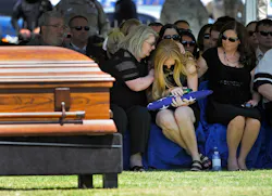 Andrea Soldo, center, is consoled by family members after receiving a flag during the funeral services for her husband and Las Vegas police officer Igor Soldo at Palm Northwest Mortuary & Cemetery on June 12. Andrea Soldo, center, is consoled by family members after receiving a flag during the funeral services for her husband and Las Vegas police officer Igor Soldo at Palm Northwest Mortuary & Cemetery on June 12.